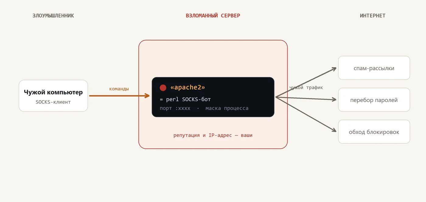 Схема: как бэкдор превращает взломанный сервер в SOCKS-прокси для чужого трафика.