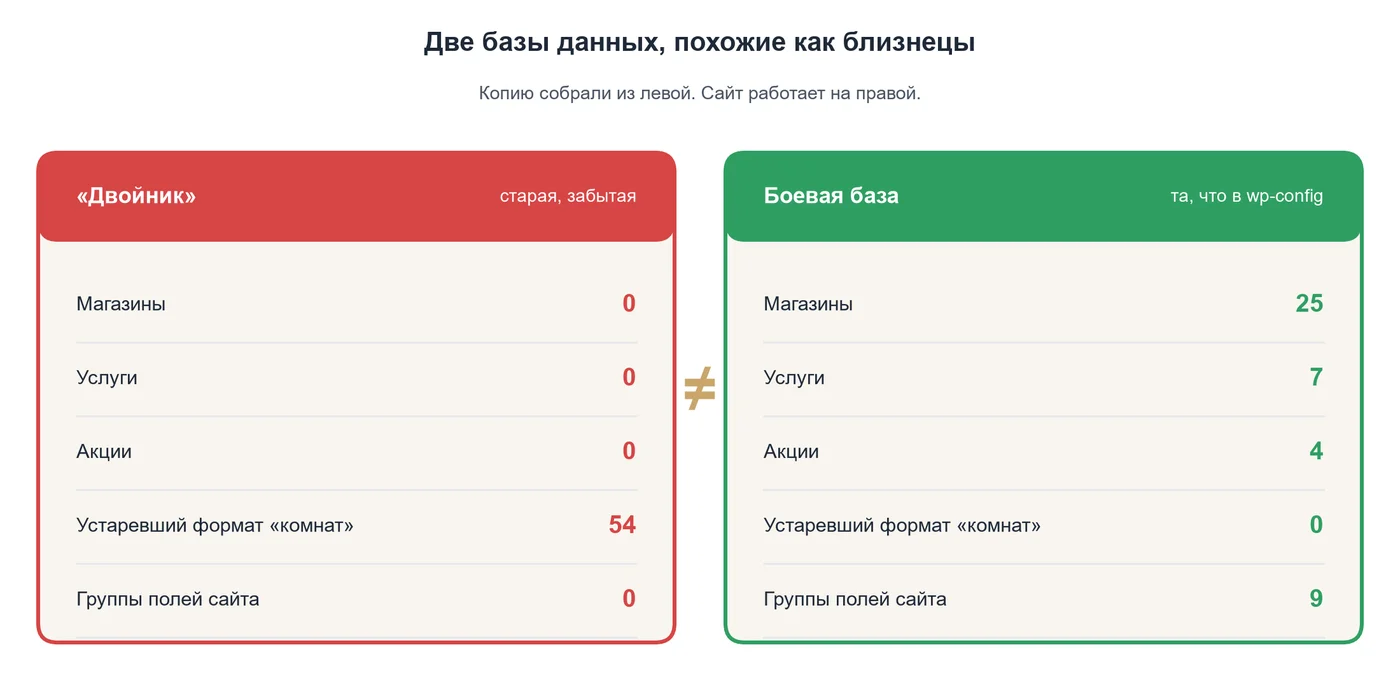 Две базы-близнеца: копию собрали из левой, сайт работает на правой